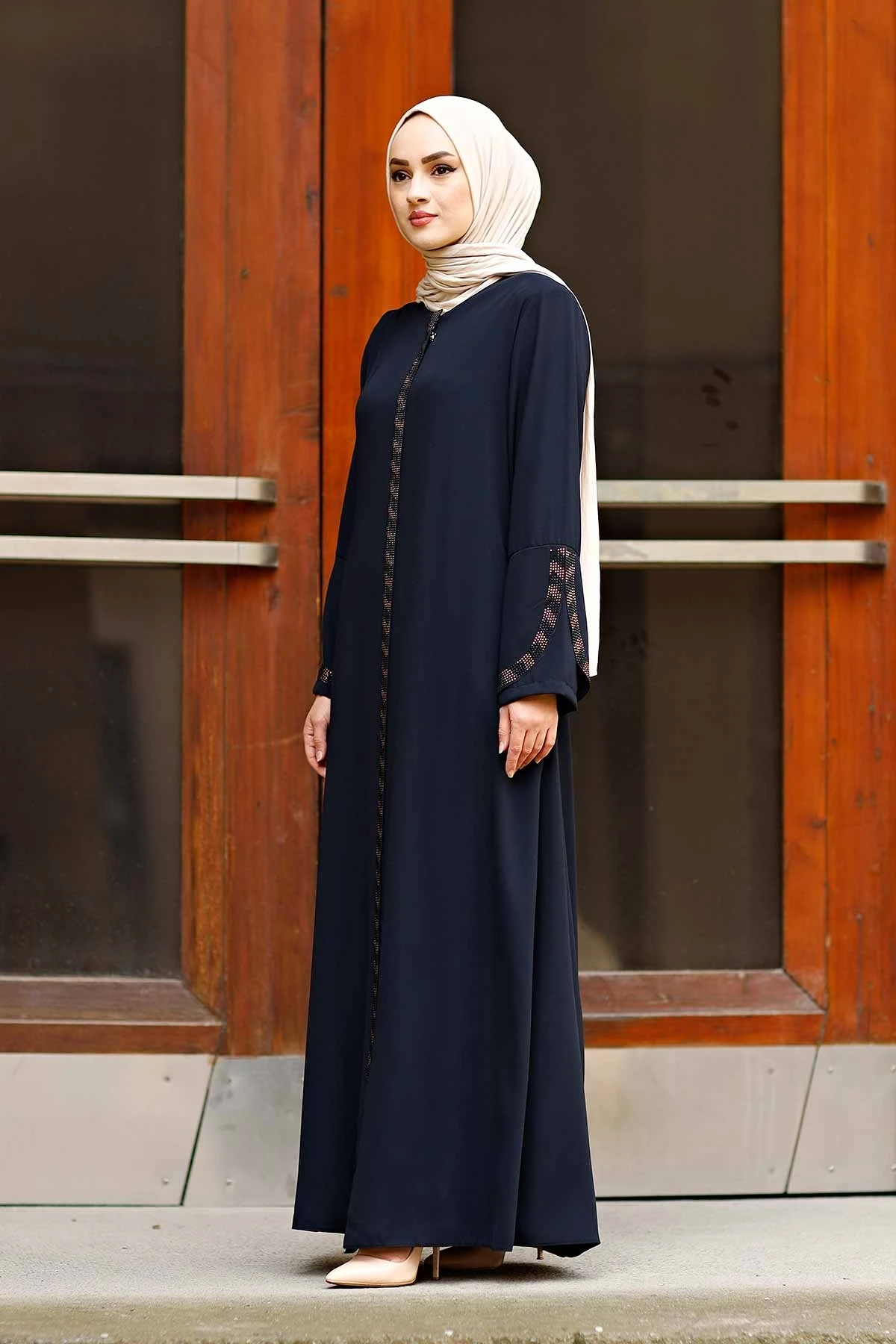 Front Zippered Arms Stone Abaya Dress Turkey Muslim Fashion Islam Clothing Dubai Istanbul Istanbulstyles 2023