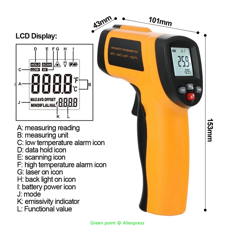 5PCS Portable HD GM550E Infrared Thermometer -50~550℃ Non-Contact IR Laser Handheld Digital Hygrometer Temperature Sensor Meters