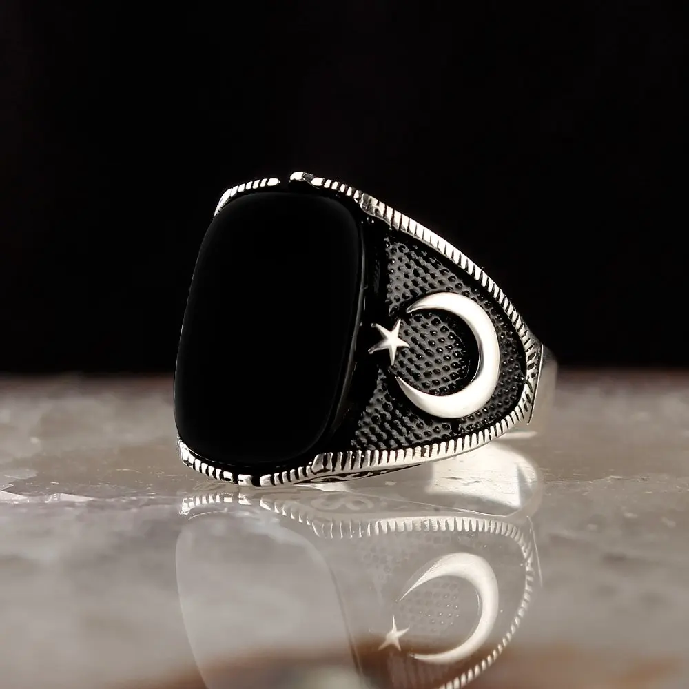 MEN 'S 925 Sterling Silver Ring, Onyx Stone Male Gift Accessories Jewelry, Handmade High Quality, made in Turkey, Fashion Trend the Moon the stars