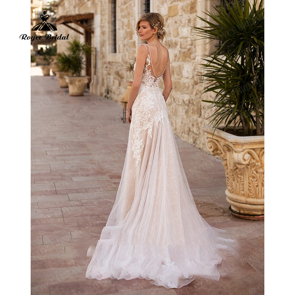 Abiti da sposa moderni a sirena in pizzo per donna taglie forti scollo a v senza maniche Boho Mermaid abiti da sposa vestido de noiva sereia