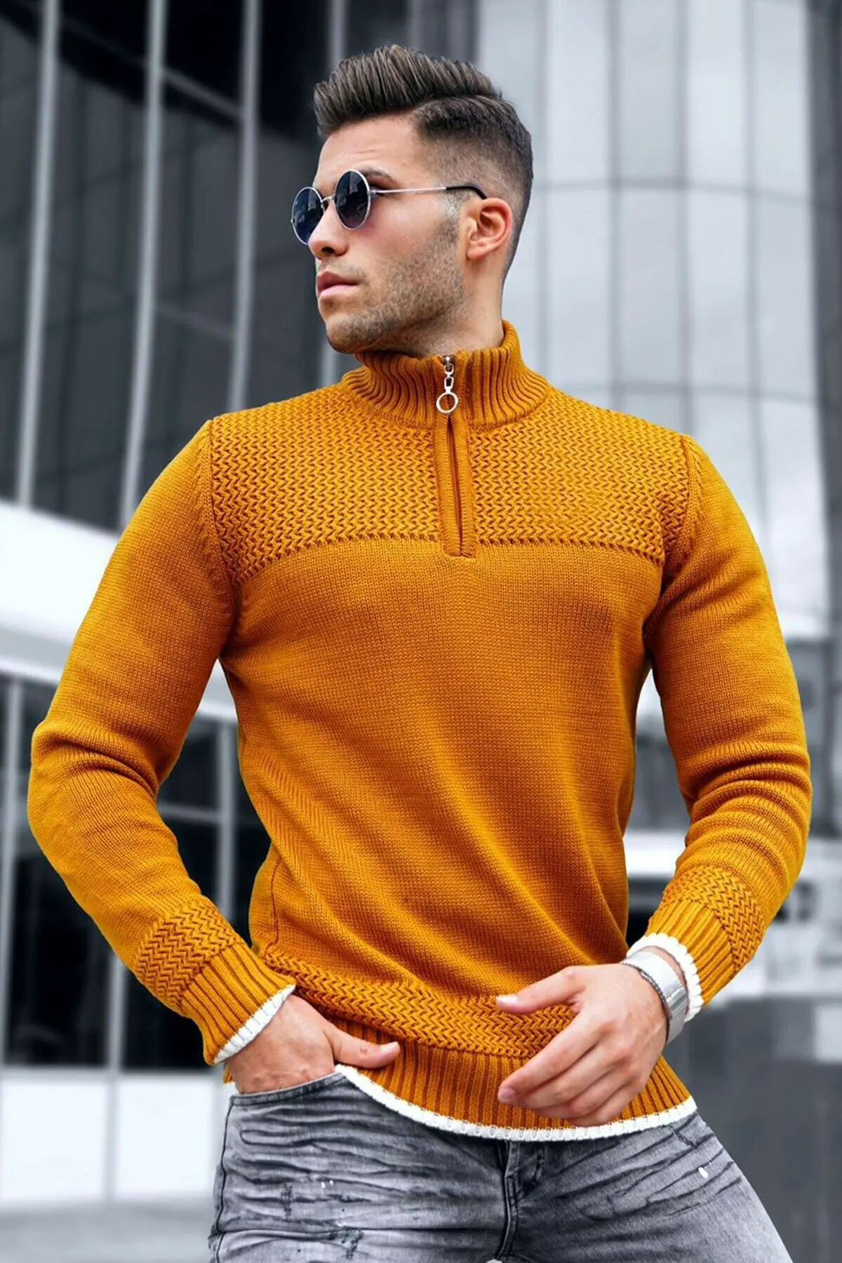 Men's Mustard Zipper Pullover Sweatshirt Cotton Polyester Stylish Design Casual Slim Fit High Quality