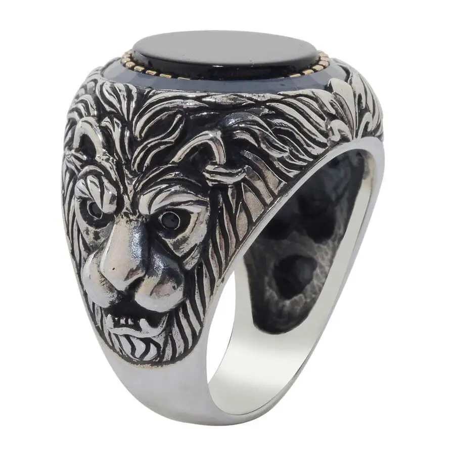 

Lion Patterned Black Onyx Stone Silver Men's Ring Fashion Turkish Premium Quality Handmade Jawelery