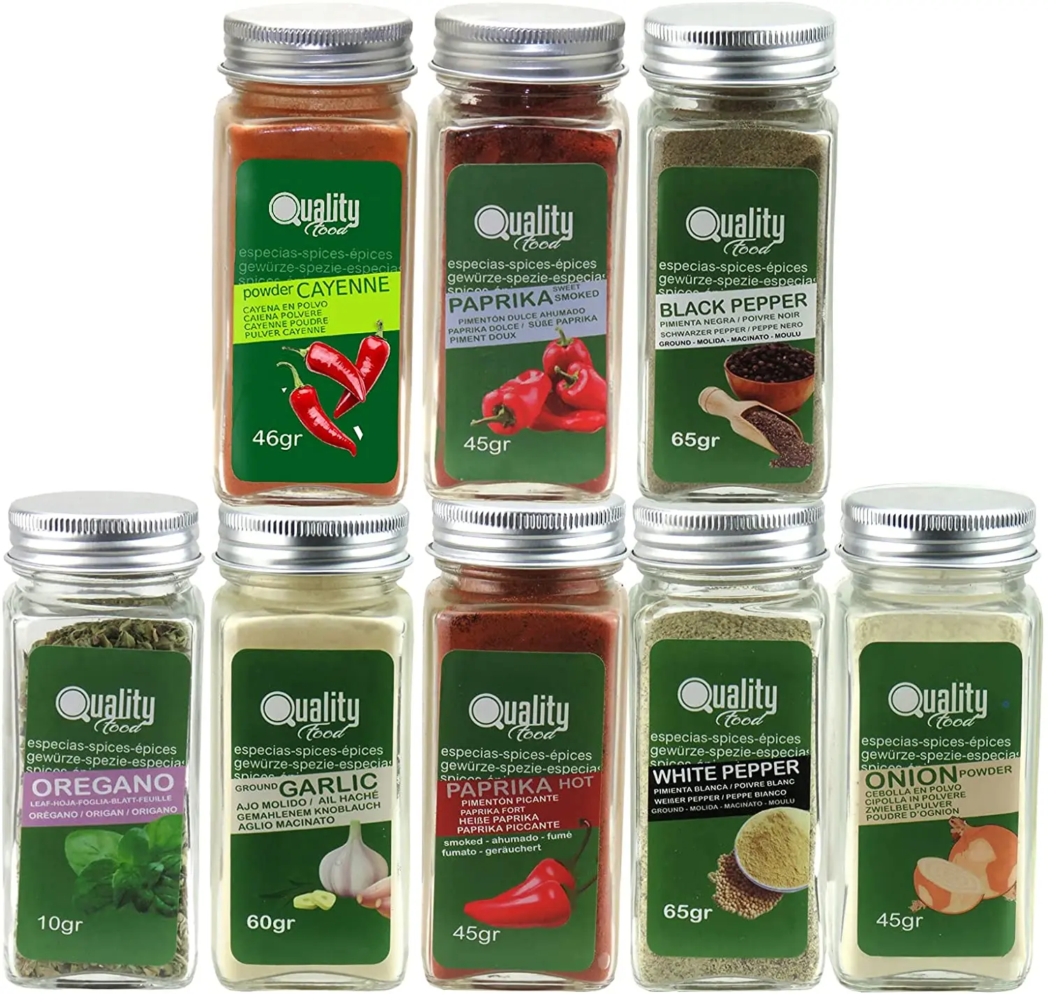 Pack de Hierbas Aromáticas Uso Cotidiano. Ideal para regalo y uso diario. 8 Tarros de cristal, reutilizables. Ajo y Cebolla Molidos, Pimienta Negra