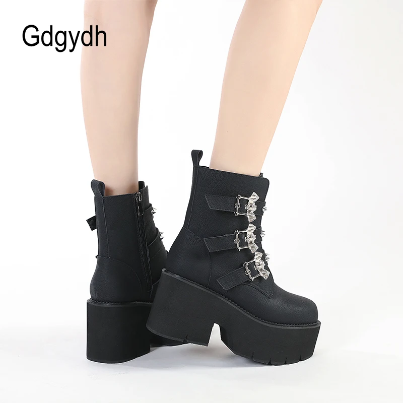 Gdgydh Sexy Rivets Black Demoia Boots Women Metal Decoration Platform Heels Gothic Bat Buckle Strap Ladies Short Boots Plus Size