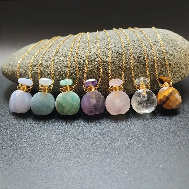 FUWO Wholesale Natural Crytsal Stone Perfume Bottle Neckace,Lovely Essential Oil Vial Stainless Steel Jewelry 5Pcs/Lot NC107