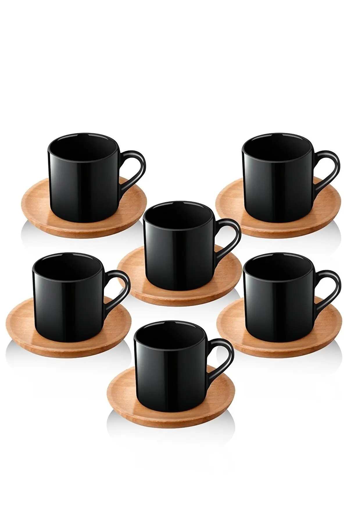 

6 Person Coffee Set with Natural Wooden Plate Ceramic Turkish Coffee Cups Black coffee mugs