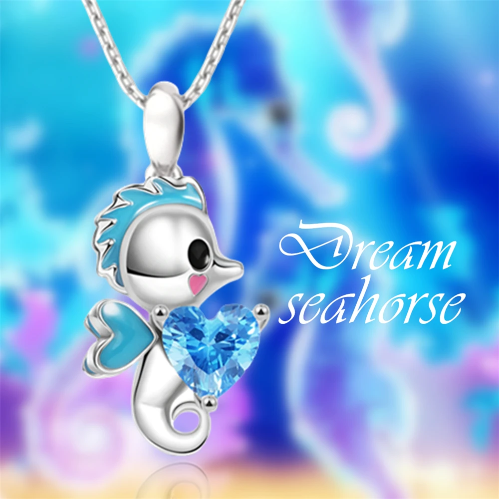 Exquisite Heart Shaped Blue Crystal Cartoon Seahorse Pendant Necklace for Women Cute Girls Birthday Party Jewelry Romantic Gifts