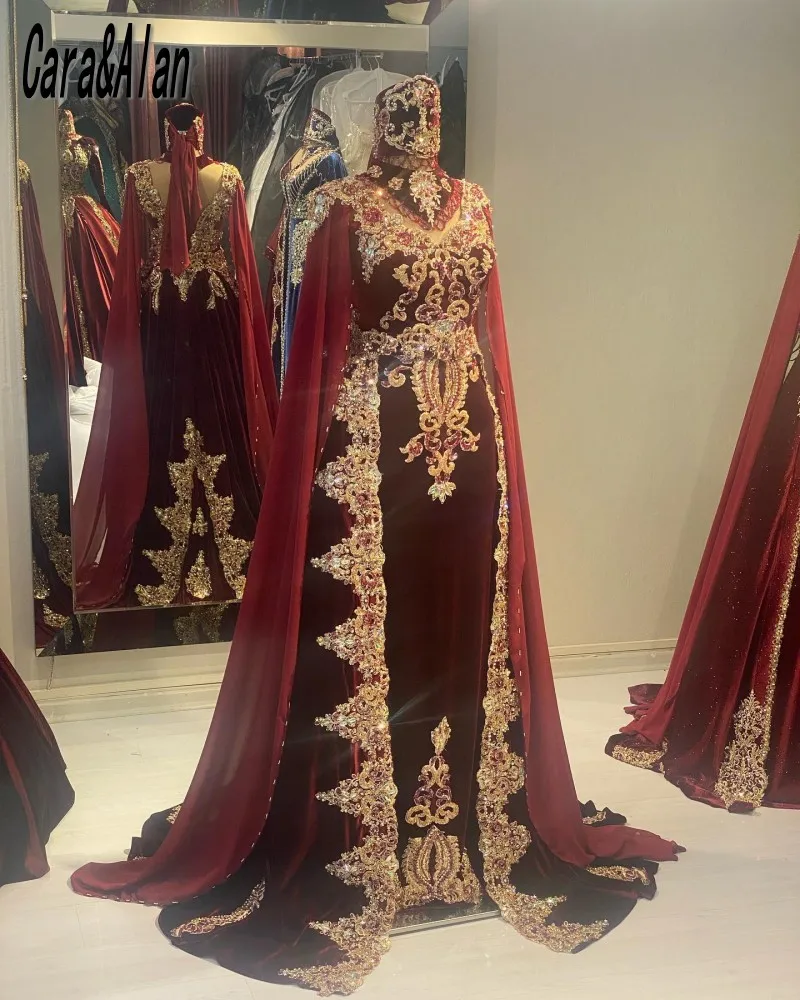 Formal Moroccan Kaftan Evening Dresses with Removeable Train Velvet Applqiue Beads Women Caftan Prom Dress robe de soirée femme