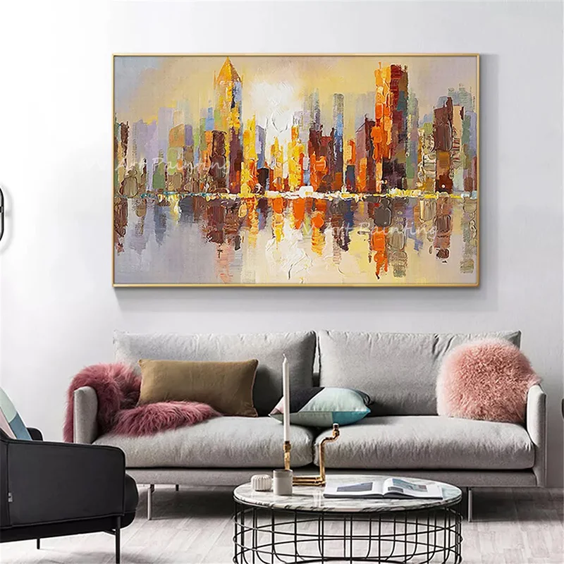 Handmade Abstract Cityscape Canvas Art, Handpainted Colorful Urban Reflection Painting For Modern Home Wall Decor