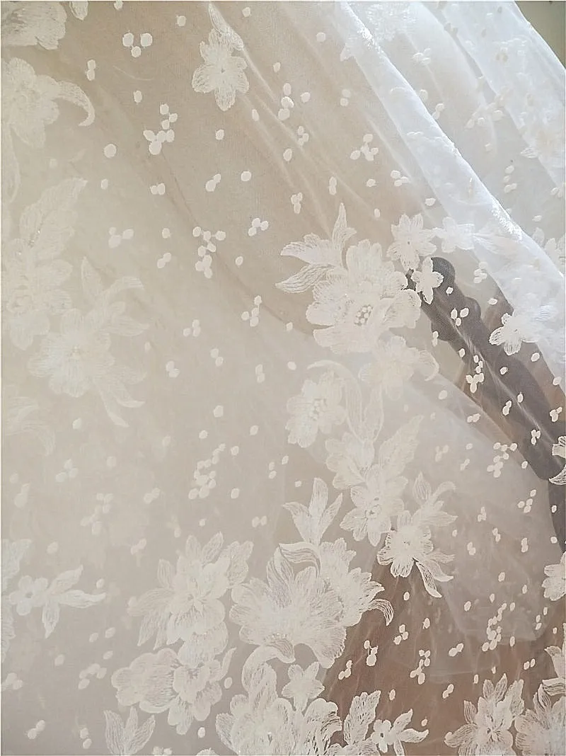 Off White Floral Embroidery Tulle Lace Fabric , Clear Sequin Dot Fabric for Wedding Bridals Veil Lace Gown 140cm Wide