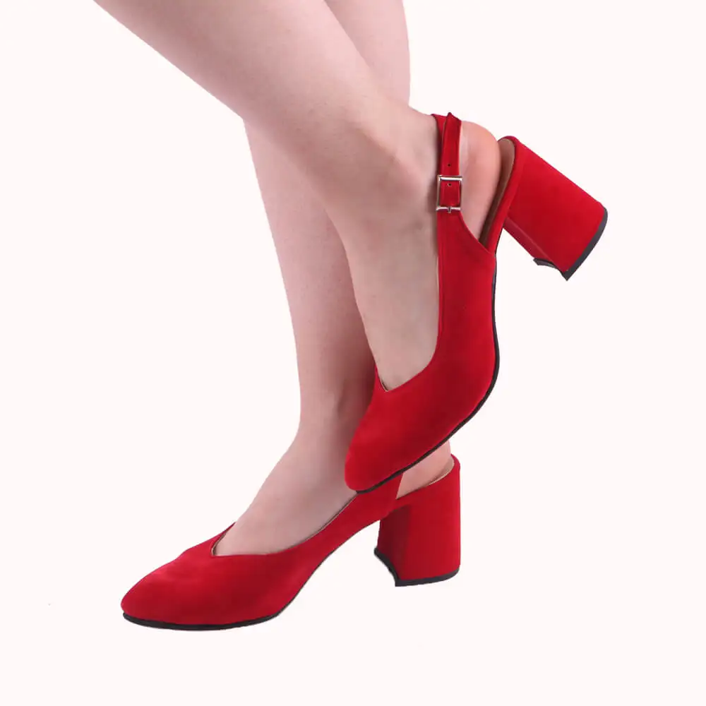 Red Suede Ankle Strap Women Sandals Pointed Toe Heels for Women Thick Heel Pumps for Women 7 cm Heels Women Ladies Pumps