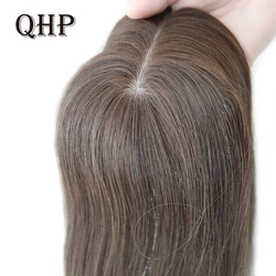 QHP Straight Silk Base Hair Topper Human Hair Hair piece for Women Natural Color Remy Women Toupee with Double Knots 14