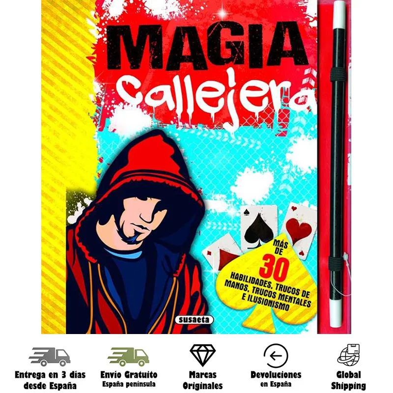 Susaeta editions, street magic book, 64 illustrated pages, magic wand gift, over 30 tricks with coins, pencils, letters, mental and illusionism, magician, children, teens, mentalism