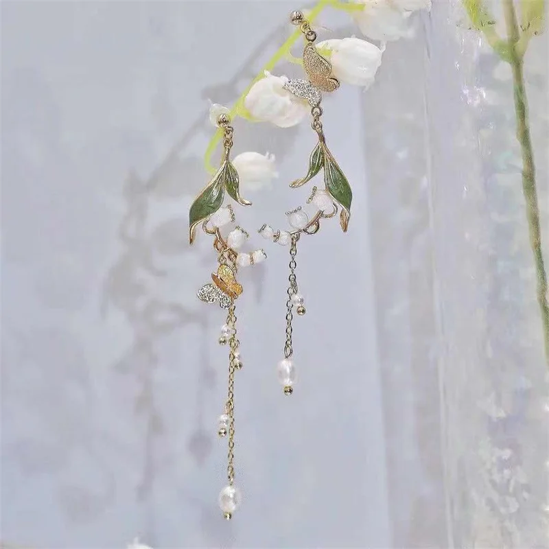 New Elegant Metal Flower Cute Cat Dangle Earrings For Women Korean Asymmetrical Zircon Long Tassel Earring Party Jewelry