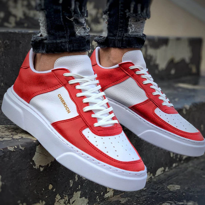 Chekich Men's Shoes Red and White Artificial Leather Lace Up Mixed Color Spring Autumn Casual Comfortable Flexible Fashion Daily Wedding Orthopedic Walking Sport Lightweight Sneakers Running Breathable Skateboard CH087