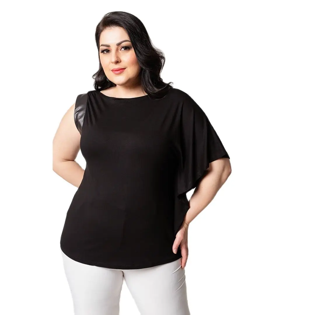 

Women’s Plus Size One Shoulder Leather Look Detail Asymmetric Sleeve Black Blouse, Designed and Made in Turkey, New Arrival