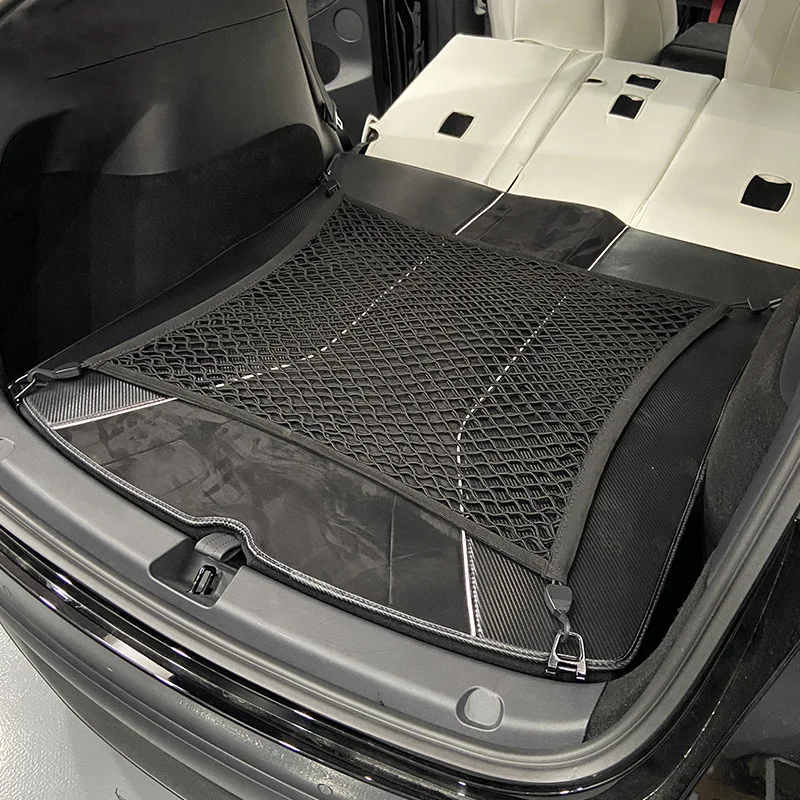 Per Tesla Model Y Cargo Bay Holding Net organizzatore di stoccaggio del bagagliaio in rete a doppio strato e gancio di fissaggio da 4 pezzi