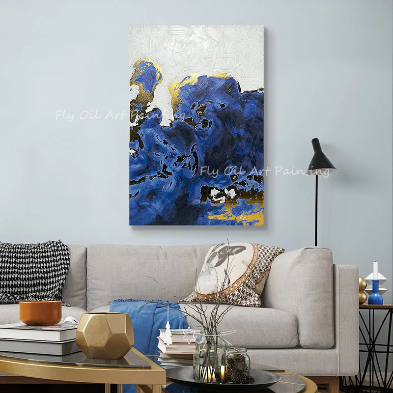 

100% Handmade Gold Foil Blue Navy Abstract Landscape Nice Oil Paintings on Canvas Modern Artwork Decoration