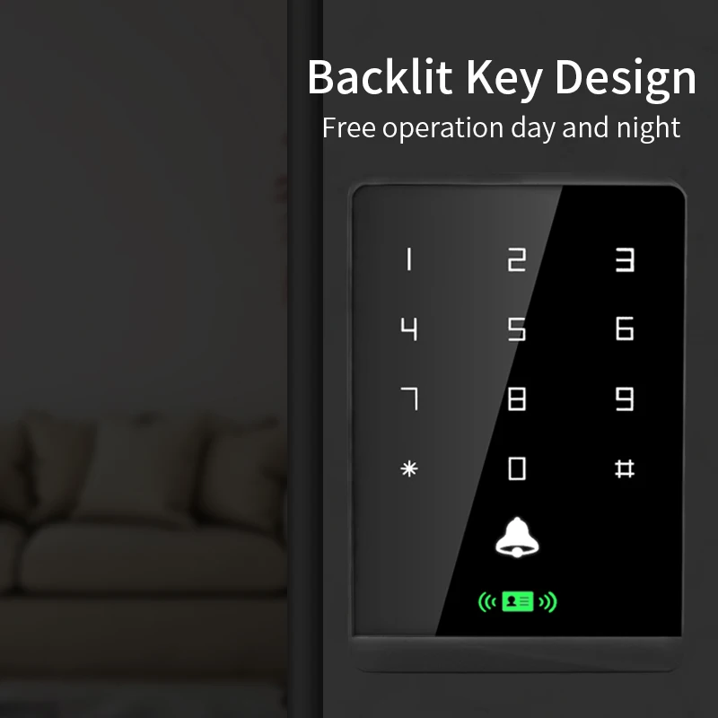 T2DC NFC RFID Card Reader Waterproof 125Khz+13.56Mhz Backlight Touch Key Access Control System Smart Lock Door Opener Keypad