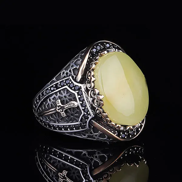 

Elegant Chic Design 925 Sterling Silver Amber Stone With Side Sword Design Band Men's Ring Biker Jewelery Accesory Gift For him