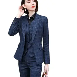 Lenshin High-quality 3 Piece Set Plaid Formal Pant Suit Blazer Office Lady Uniform Designs Women Keep Slim Jacket and Trouser