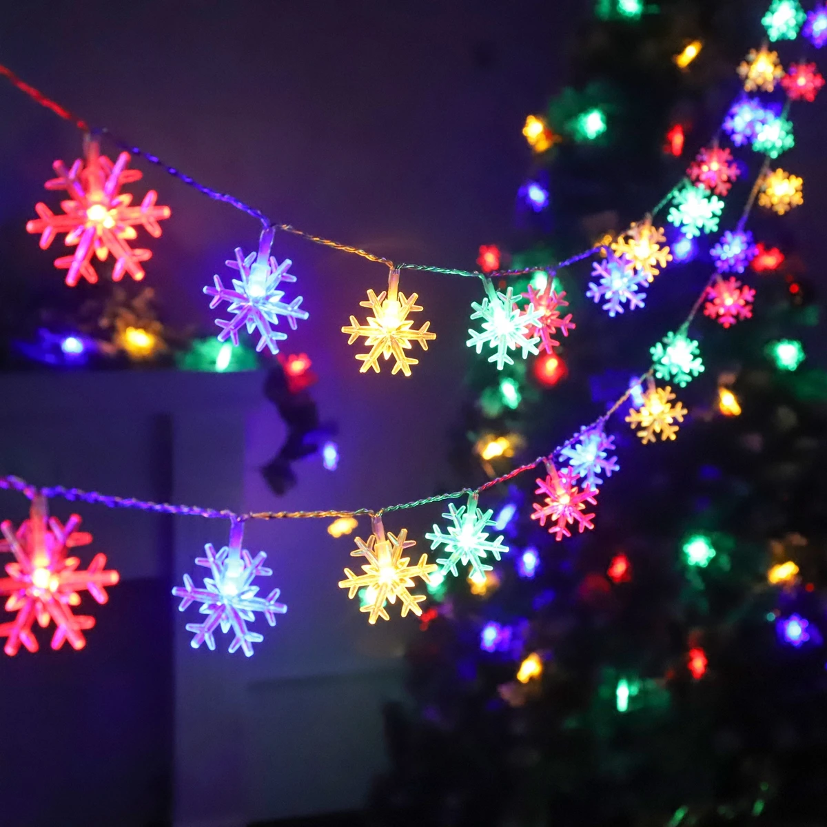 Floco de neve led luzes da corda fadas feliz natal decoração para casa a pilhas de natal ao ar livre cortina sala guirlanda luzes