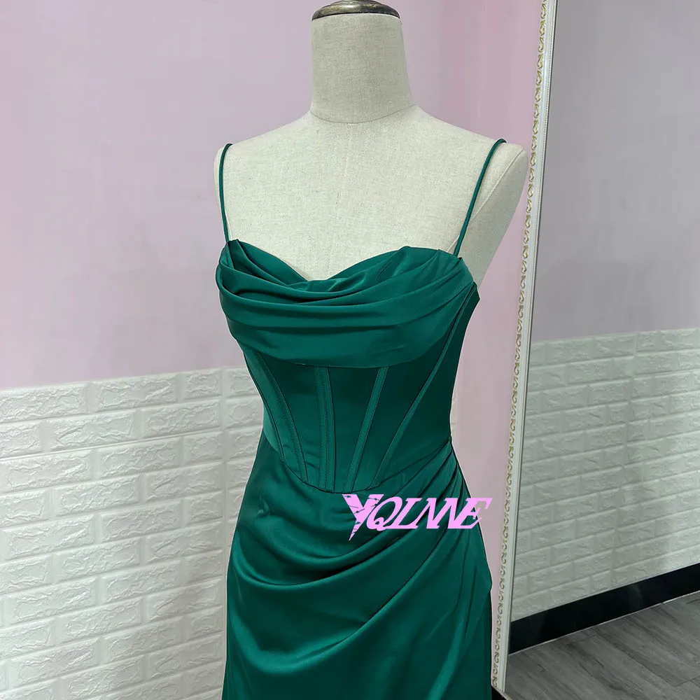 Emerald Green Long Slit Prom Dresses Sexy Straps Soft Satin Formal Evening Party Gowns Robe De Soiree Zipper Back