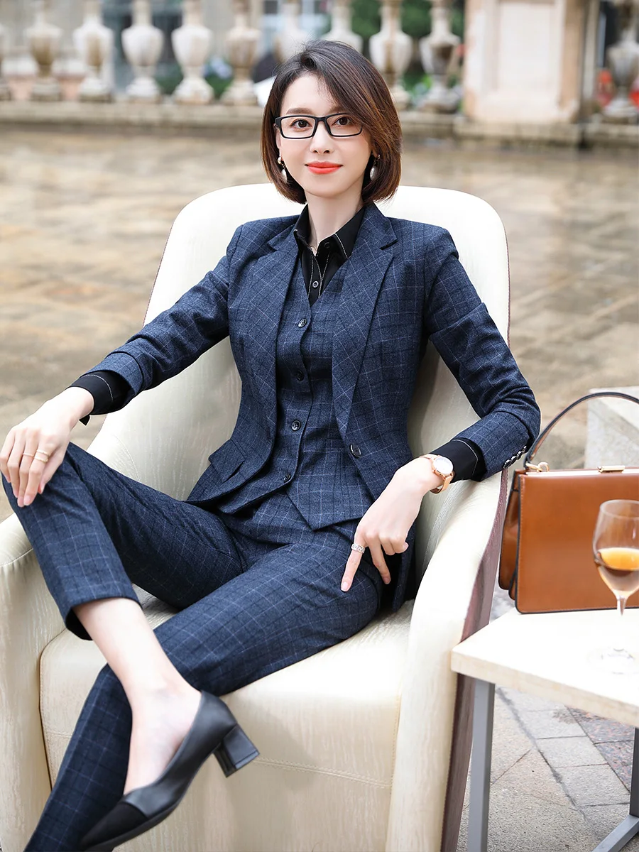 Lenshin High-quality 3 Piece Set Plaid Formal Pant Suit Blazer Office Lady Uniform Designs Women Keep Slim Jacket and Trouser