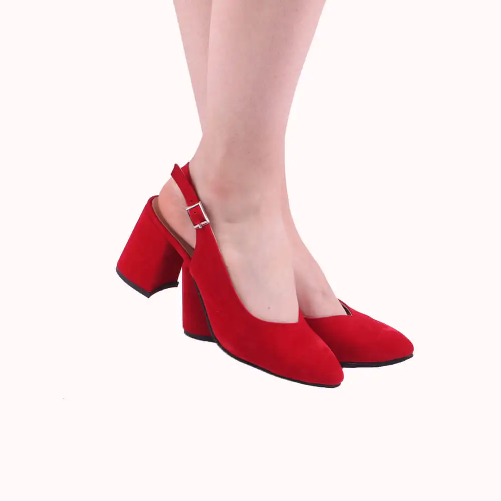 Red Suede Ankle Strap Women Sandals Pointed Toe Heels for Women Thick Heel Pumps for Women 7 cm Heels Women Ladies Pumps