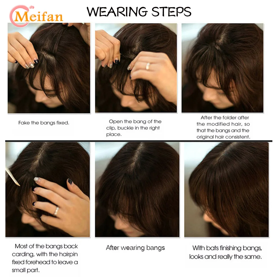 MEIFAN Synthetic Invisible Natural Bangs Straight Clip-in Front Fringe Black Brown Bangs Extensions for Women