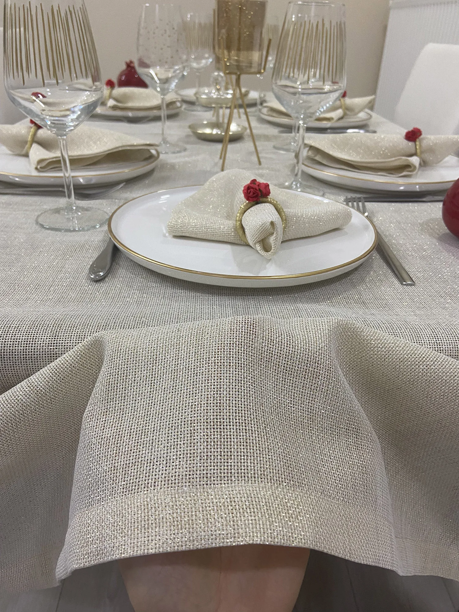 Gold Linen Look Silvery Tablecloth 6 Napkins Rings Round Wedding Christmas Baby Shower Birthday Banquet Decor Dining Set