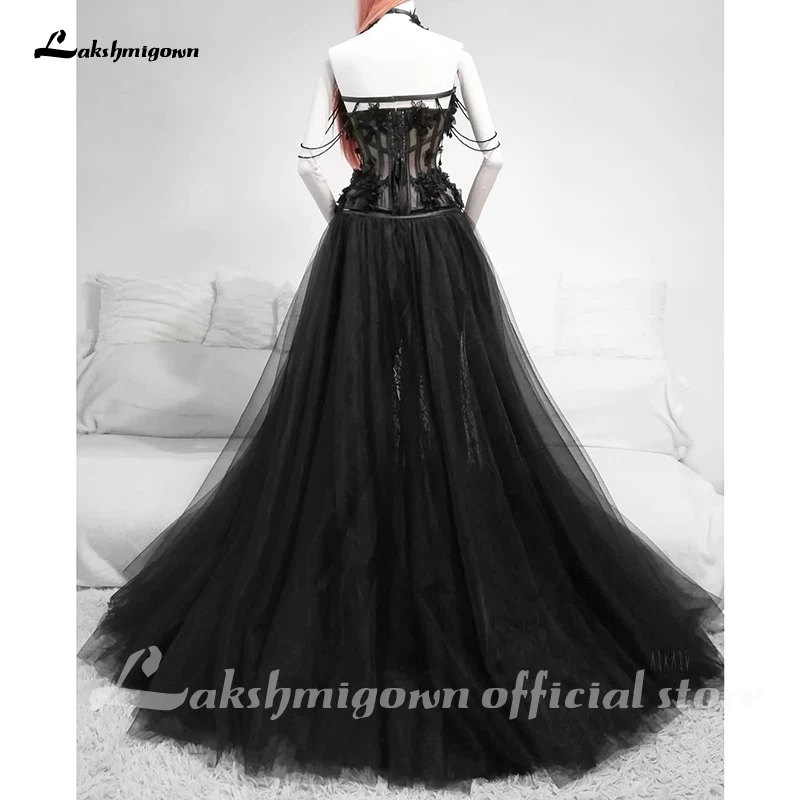 Gothic Black Long Wedding Dress Customized Sexy Bridal Gown Vestidos De Novia Sexy Tulle Wedding Gowns Trouwjurk Plus Size