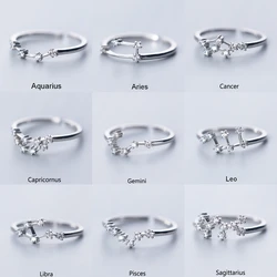 New Minimalist Inlaid Cubic Zircon 12 Constellation Zodiac Sign Rings for Women Simple Silver Color Adjustable Ring Jewelry Gift