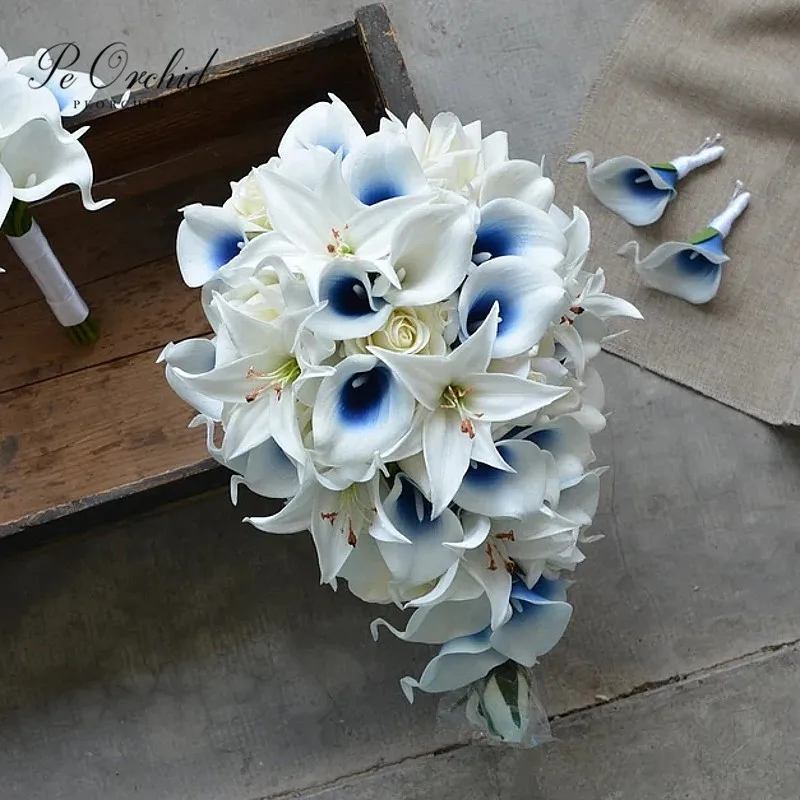 

PEORCHID Royal Blue Ivory Bridal Bouquets For Hand White Lilies Wedding Flowers Bridesmaids Bouquets Roses Artificielles Mariage