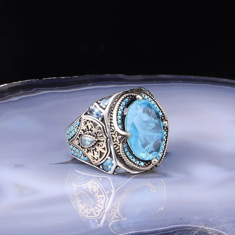 

Natural Aqua Marine Gemstone Side Zircon Stone, 925K Sterling Silver Ring, Handmade Accessory Vintage Style Unique Jewelry 2022