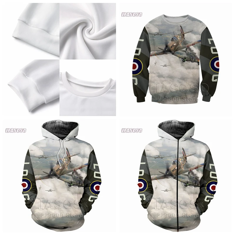 LIASOSO New Fashion All Over Printed World war Supermarine Spitfire Sweatshirt Men Women Zip Hoodie Crewneck Pullover Streetwear