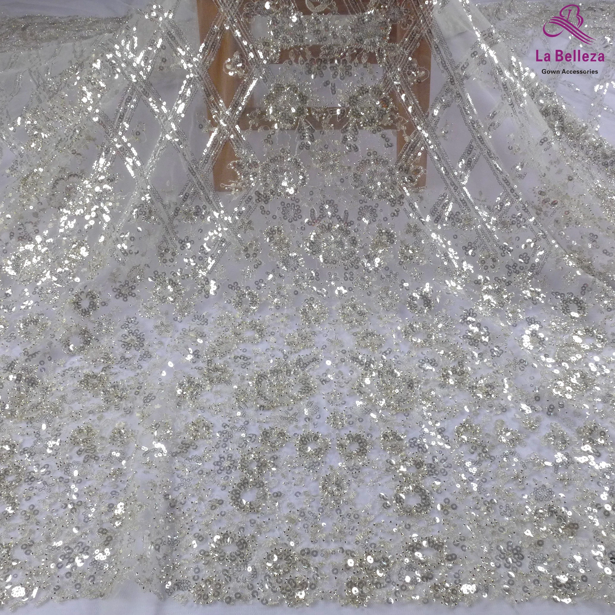 La Belleza new silver beaded lace fabric,silver wedding dress lace fabric shinely sequins lace fabric 1 yard