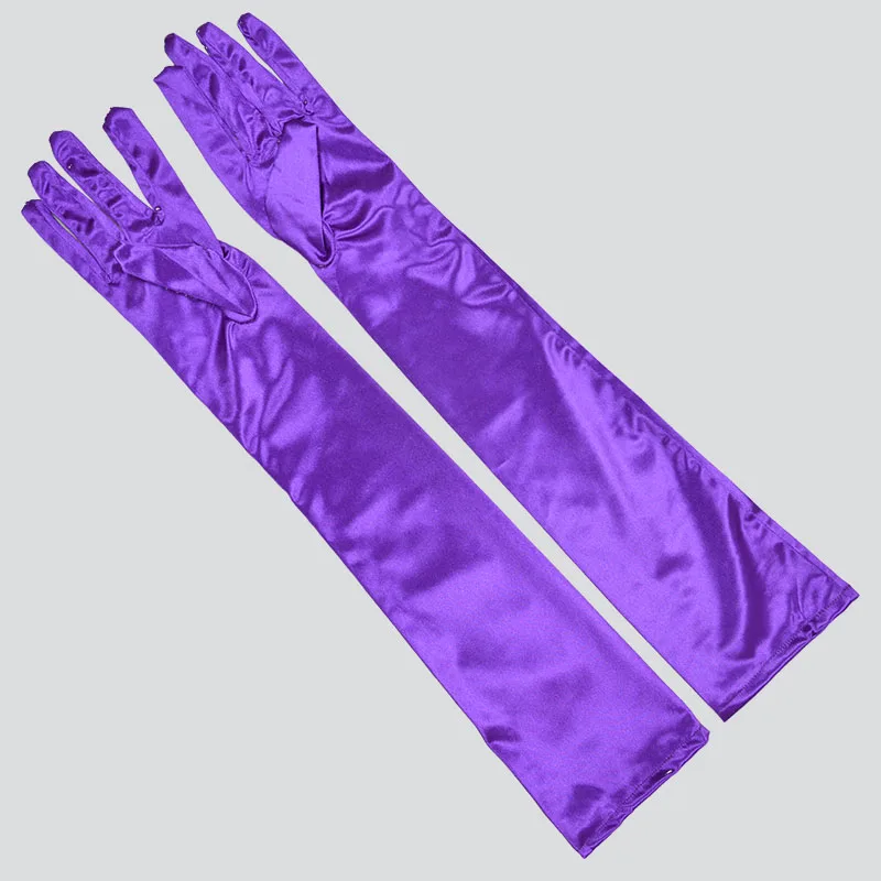 Guantes de noche morados para mujer, manoplas formales de Color sólido, largo de satén para dedo, para eventos y actividades, guantes de mujer de oro blanco