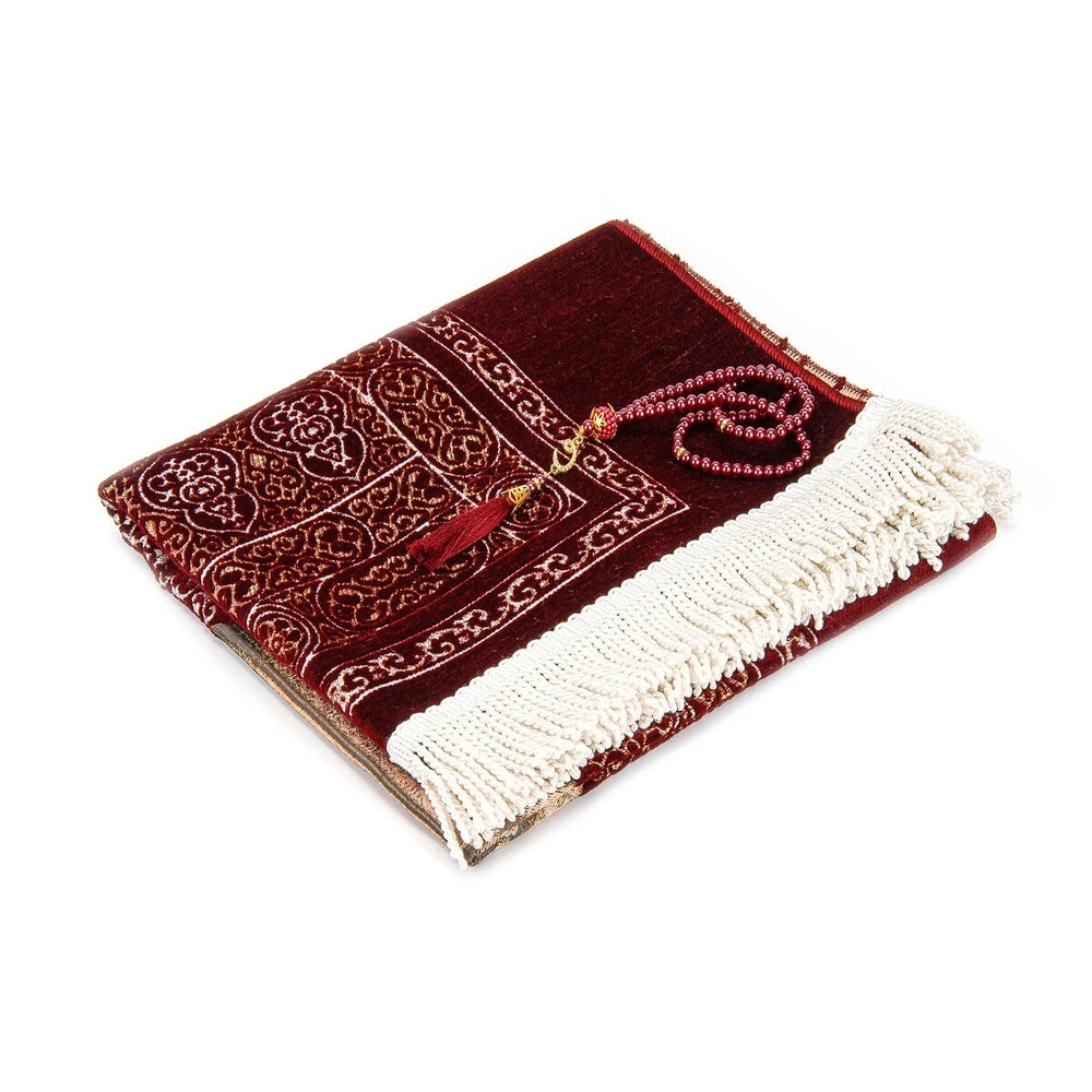 IQRAH Kaaba Door Model Patterned Chenille Prayer Rug Burgundy