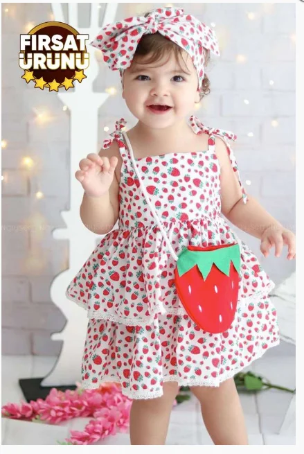 Strawberry Female Child Dress (Bandanas + Bag Is Included. Summer princess dress girls costume for kids clothes children's party birthday