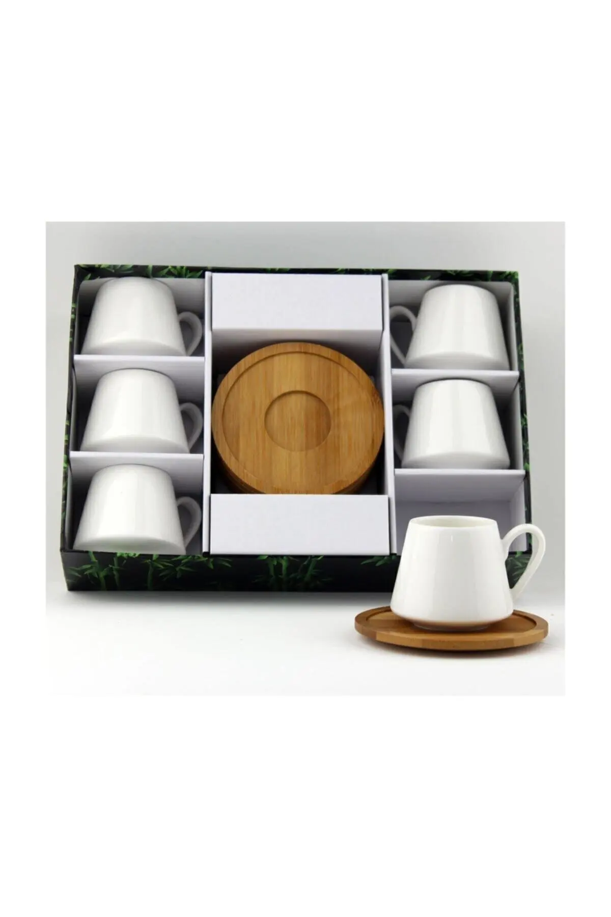 

6 Person Porcelain Bamboo Plate Coffee Cup Mugs Set 12 PCS Turkish Coffe Cups Set Coffe mugs