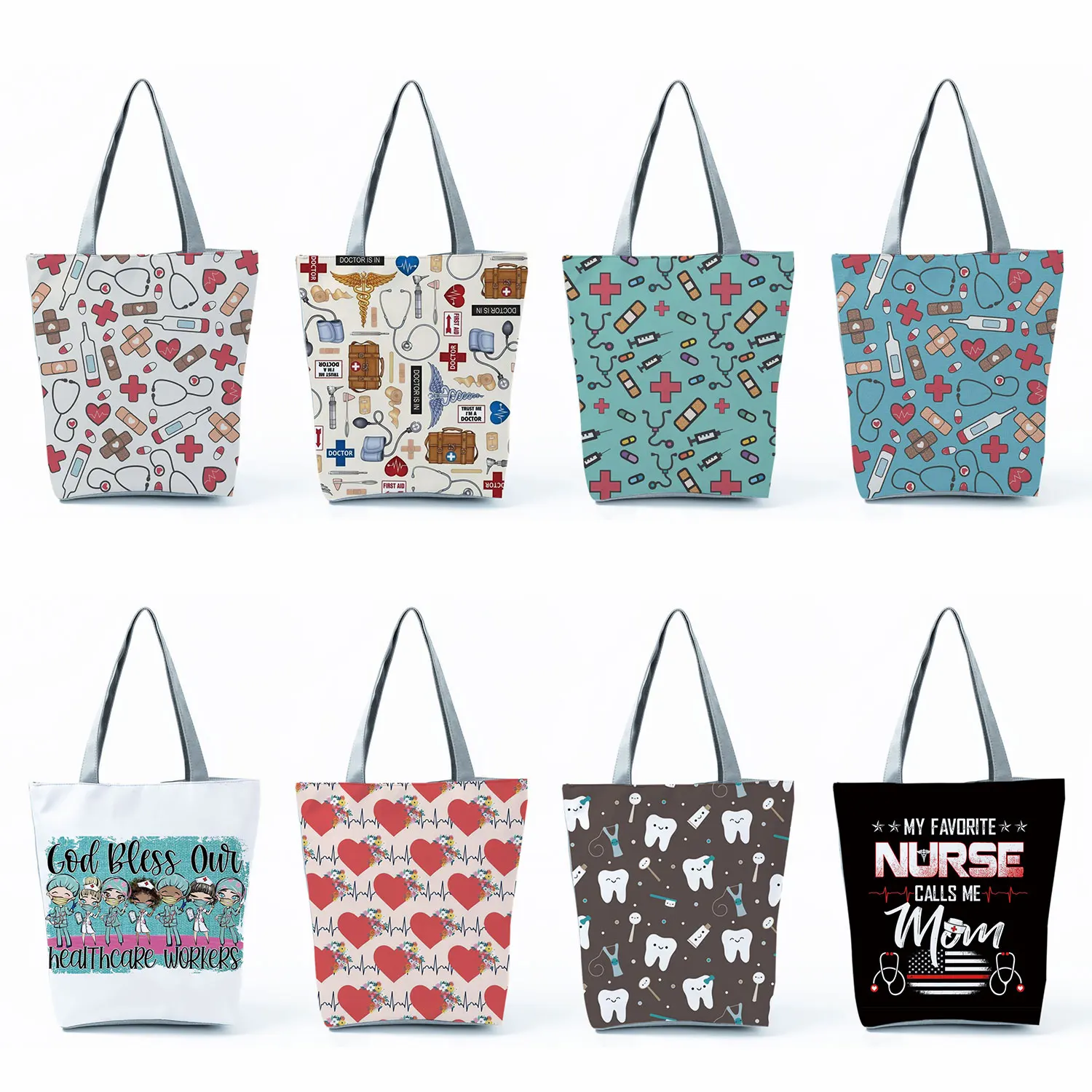 Cartoon Ladies Nurse Print Handbags Foldable High Capacity Women Shoulder Bags Eco Reusable Shopping Bags Travel Beach Tote Bags