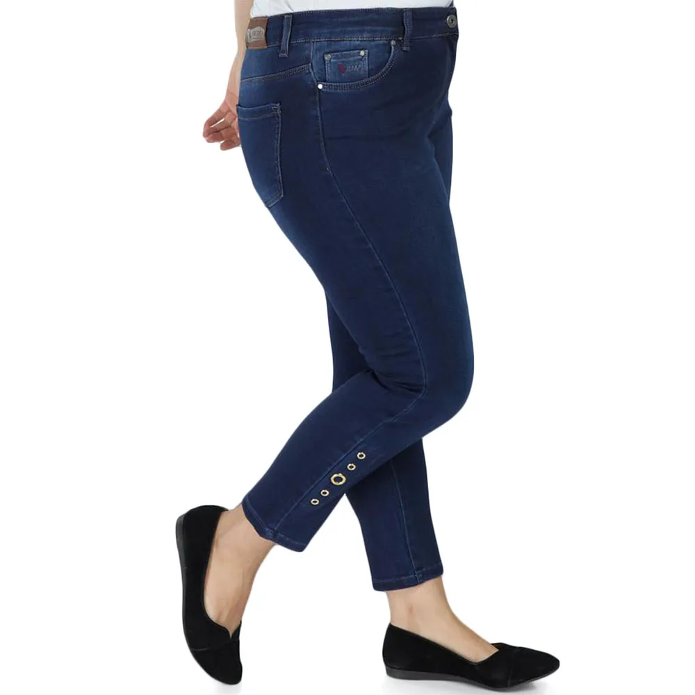 Hanezza Plus Size Women Fashion 2021 Winter Clothing Ring Cuff Detailed High Rise Ankle-Lenght Elegant Softener Denim Trousers + 2XL - 7XL + Large Size Highly Seasonal Chic Jeans 44 - 54 EU Casual Wear Female Dark Blue