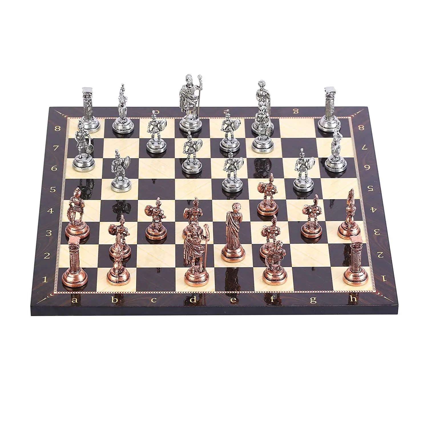 Antique Copper Rome Figures Metal Chess Set for Adult,Handmade Pieces and Walnut Patterned Wood Chess Board King 7cm