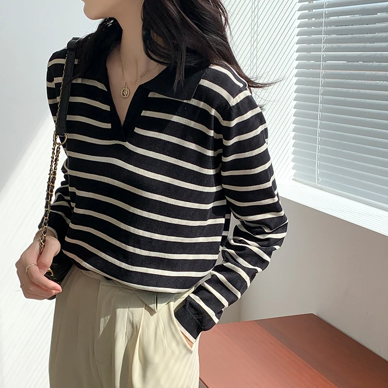Striped Sweater Women Fall 2022 Casual Basic Long Sleeve V Neck Vintage Pullovers Korean Tops Elegant Office Jumpers