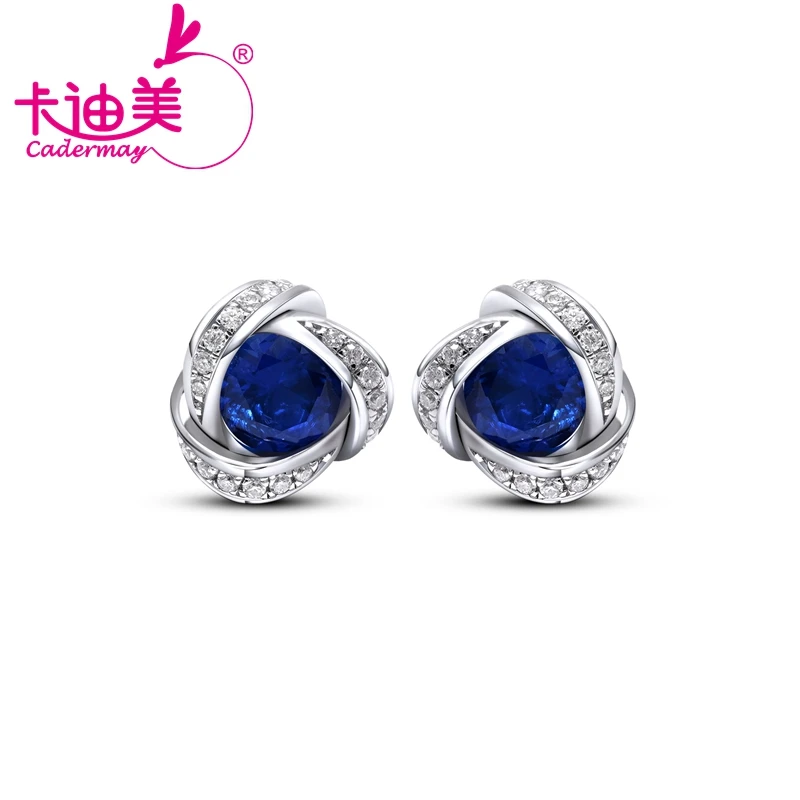 

CADERMAY Silver 925 Earrings with Round Shape Lab Grown Blue Sapphire Earrings Studs for Women Moissanite Fine Jewelry Gifts