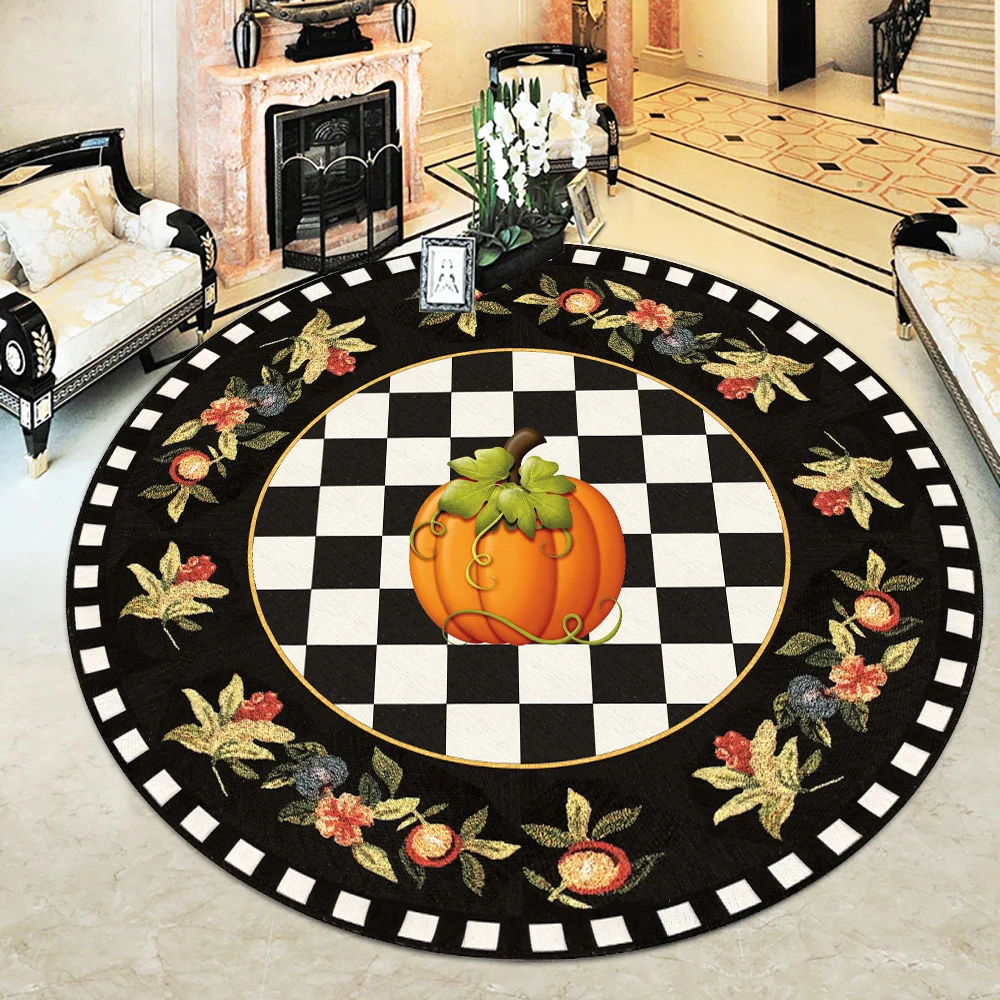 Classic Round Carpet Rugs in Oslo Model Pumpkin Pattern Washable Slip-Resistant Faux Leather Soled Carpet Rug Runner