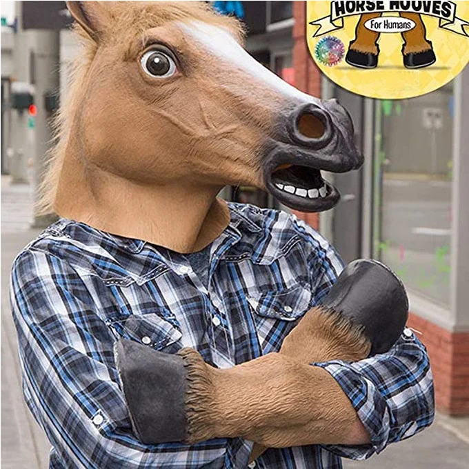 Latex Rubber Horse Head Mask Hooves Gloves Halloween Party Adult Costume Props