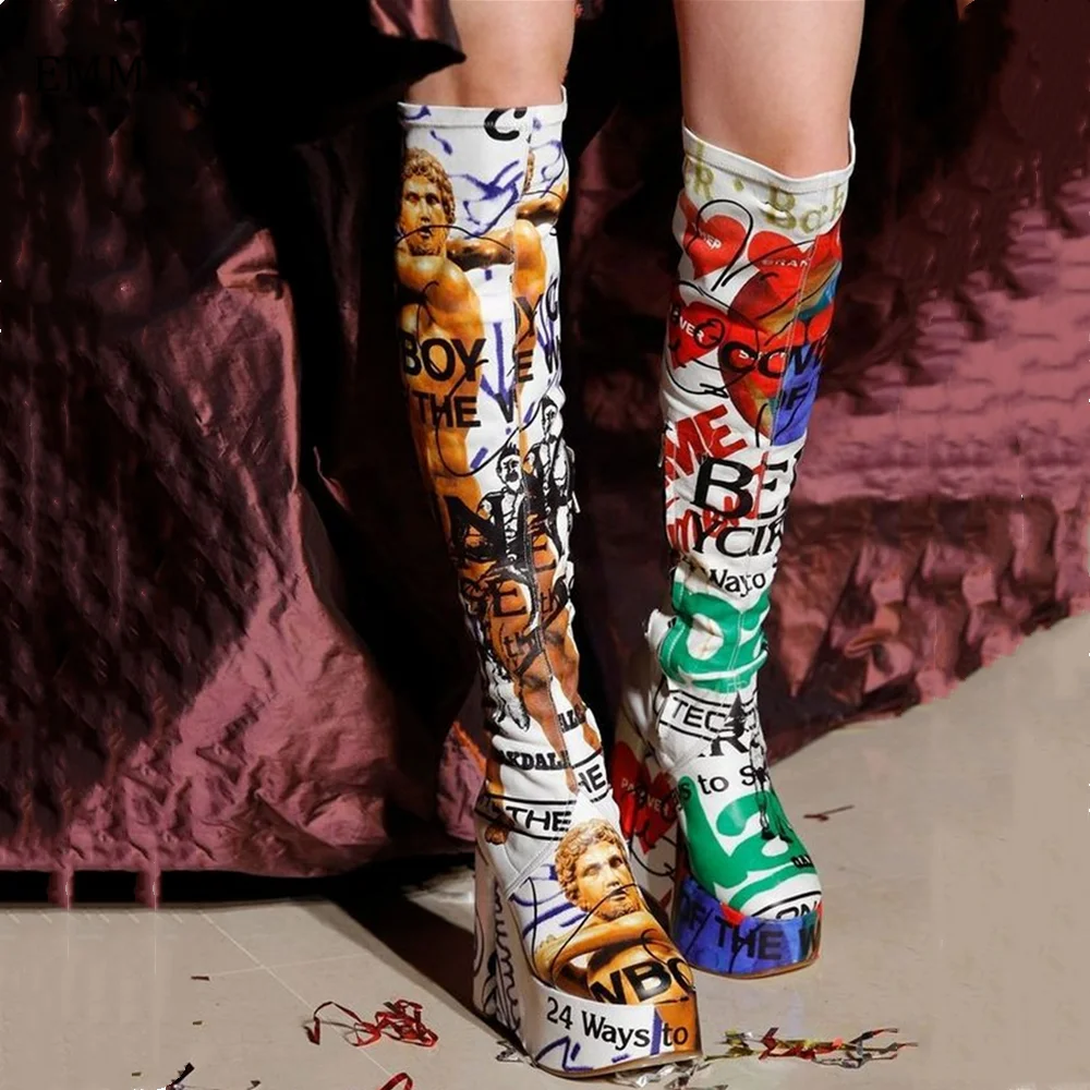 

2021 Spring Vintage Printed Knee-High Boots For Women Shoes Sexy Faux Leather Platform Spuer High Heel Women Boots 2020