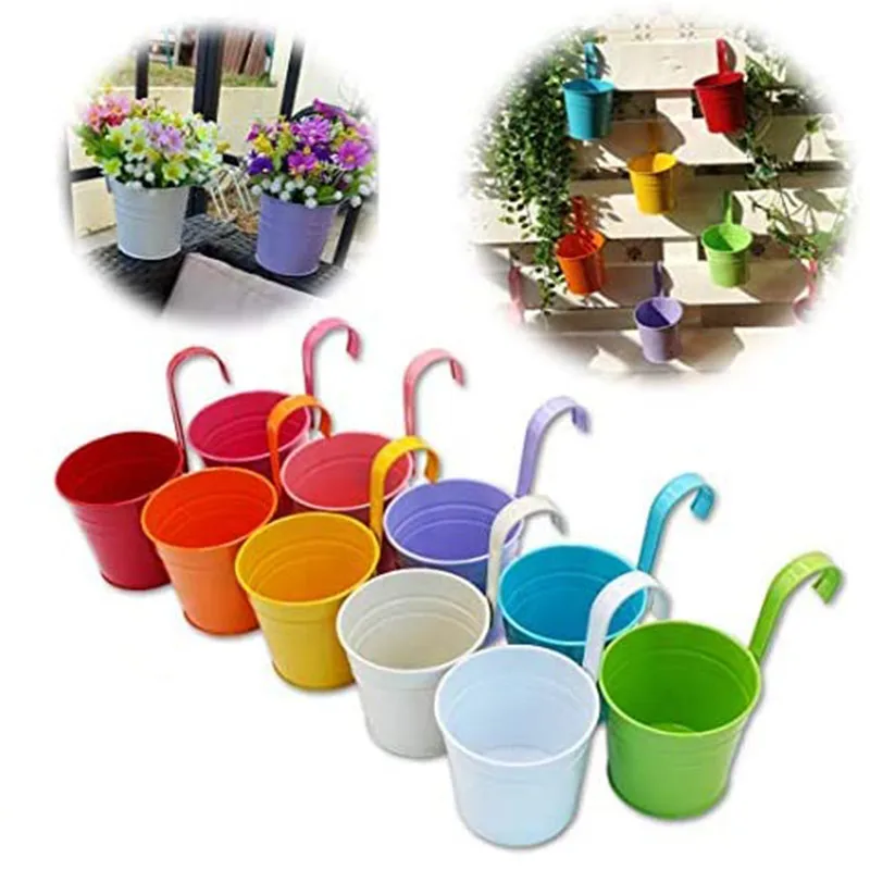 

1/10PC Metal Flower Pots Vase Hanging Planter Basket With Drainage Hole Detachable Hook Balcony Fence Garden Home Decor